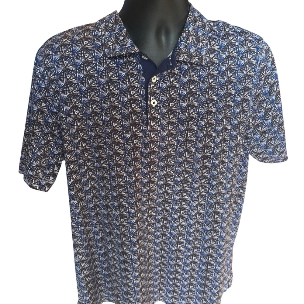 Bugatchi Polo Shirt Blue OoohCotton Tech 8-Way Stretch Geometric Fan Pattern L